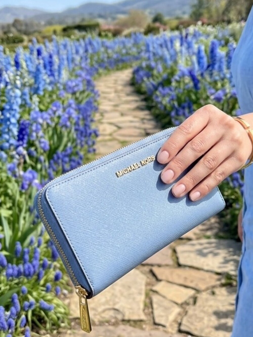 Michael Kors Steel Blue Pebbled Leather Zip-Around Wallet with Gold Logo